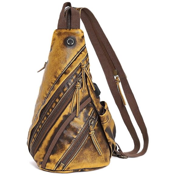 Canvas Sling Bag Crossbody Backpack Genuine Leather Shoulder Bag , brown